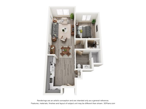 Floor plan for 1 bed, 1 bath, 648 sqft